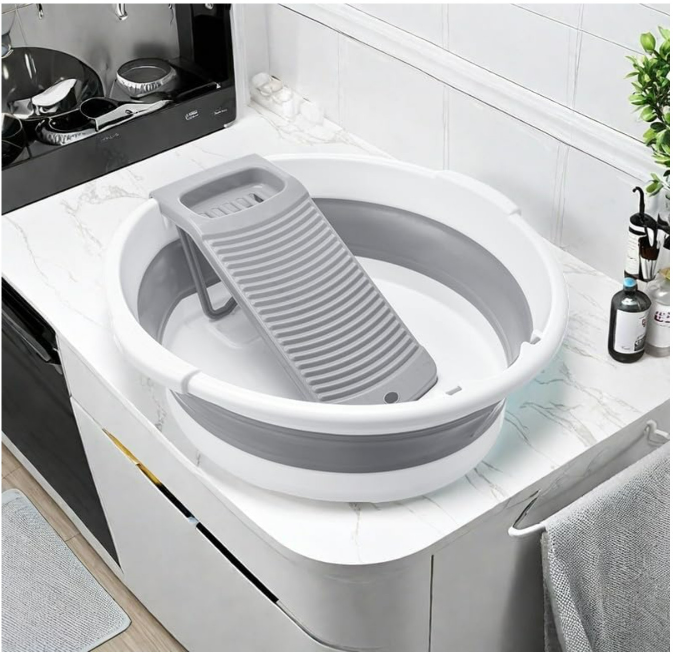 Collapsible Washboard Basin for Clothes, Portable Foldable Laundry Tub (Gray)
