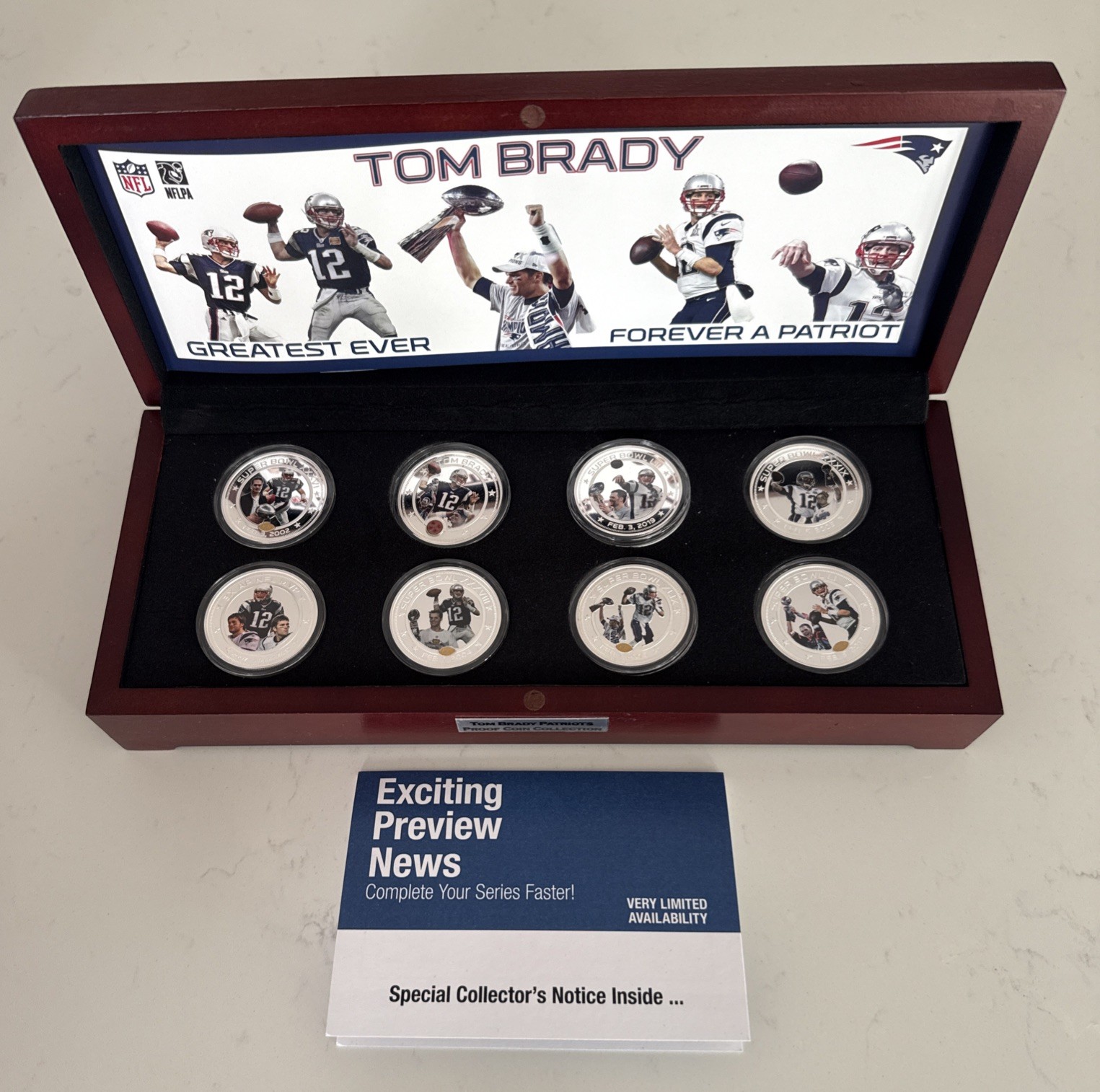 RARE Tom Brady Patriots Proof 8-Coin Dollar Collection Bradford Exchange Mint