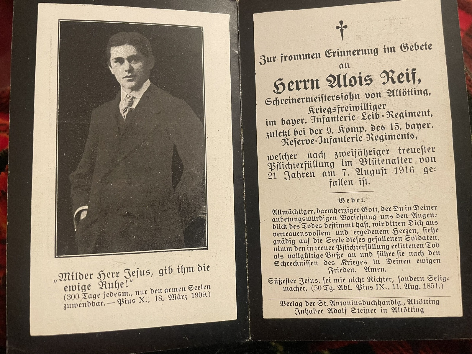 WW1  German Death Card Alois Reis 15th Bavarian Inf 7 August 1916    Allotting