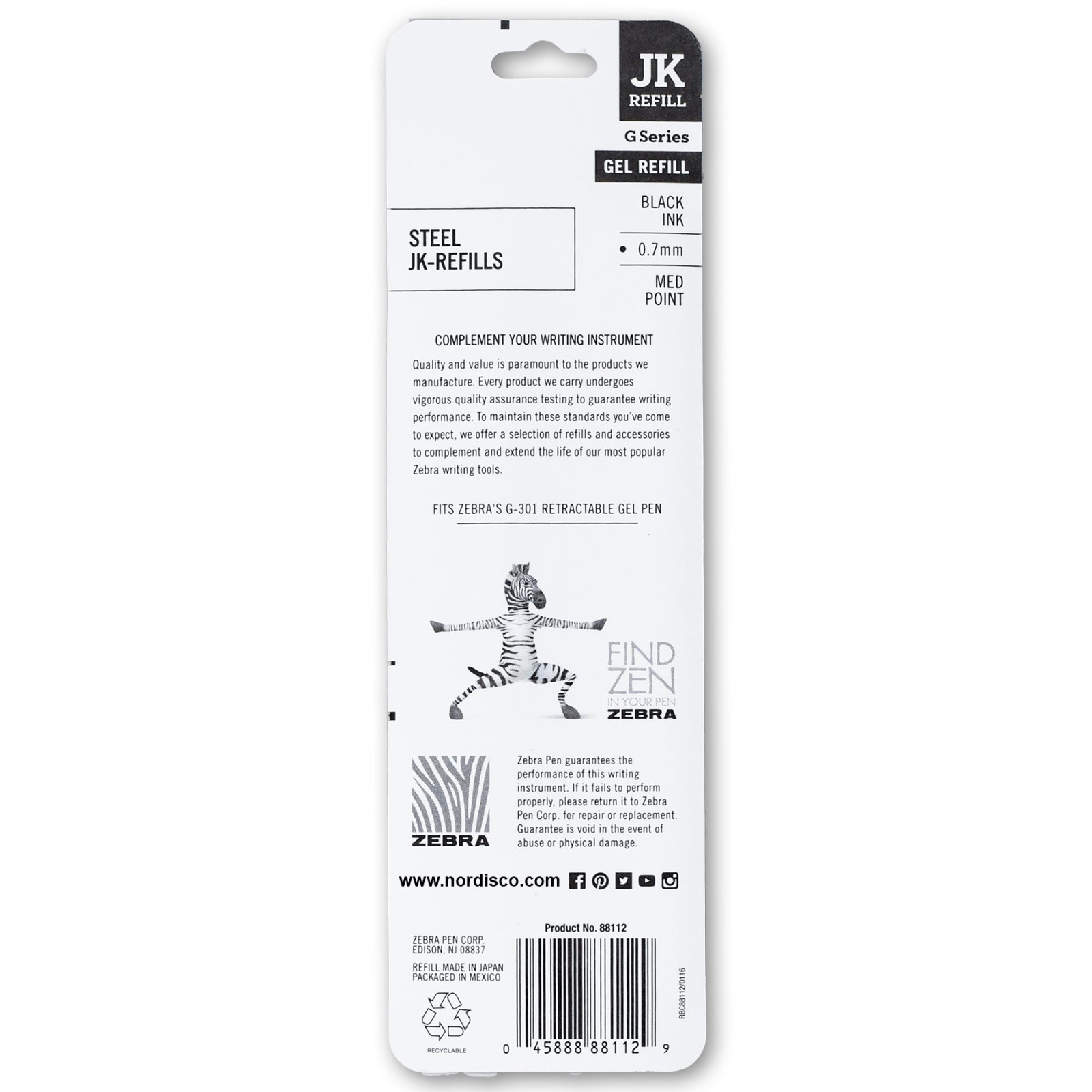 ZEBRA G301, G750 JK Refills 88112, Black Gel Ink, 6 Packs, FREE Shipping