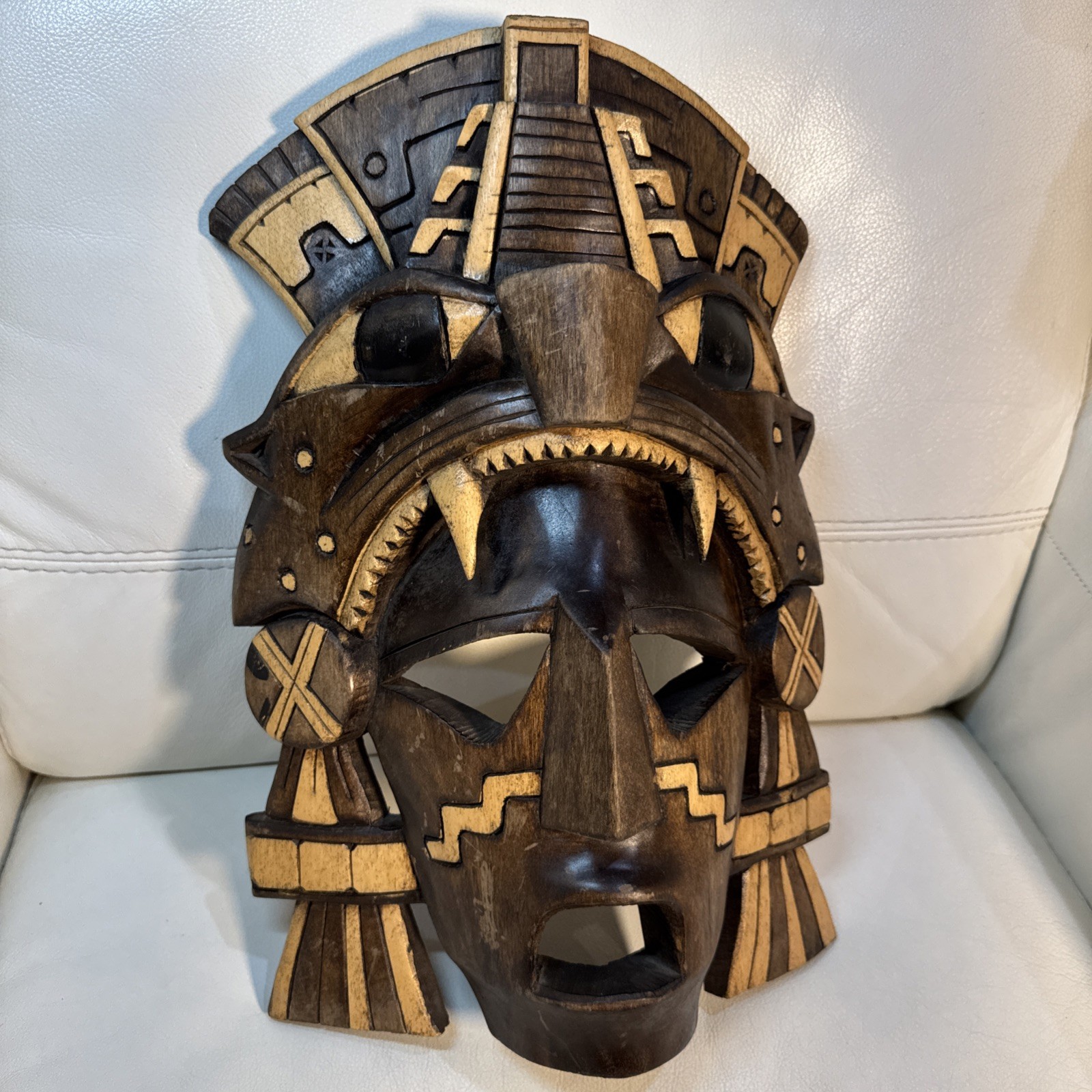 Mayan Hand Carved Mask Faces Reptiles two tone Wood Curved Hang Or Shelf Sit