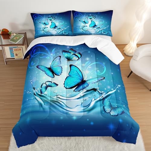 Fantasy Butterfly Comforter Set Size,Butterflies on Water Flash Queen Blue