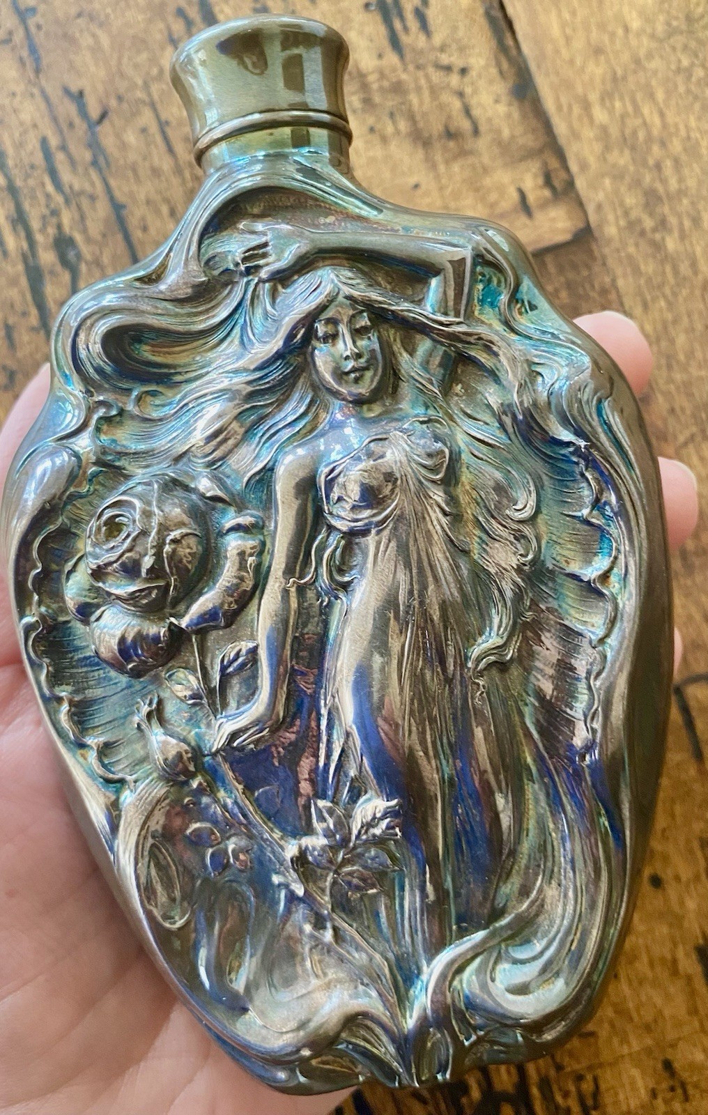 Art Nouveau Spirit Flask Victor Silver Co Nymph Relief Iridescent Barware Superb