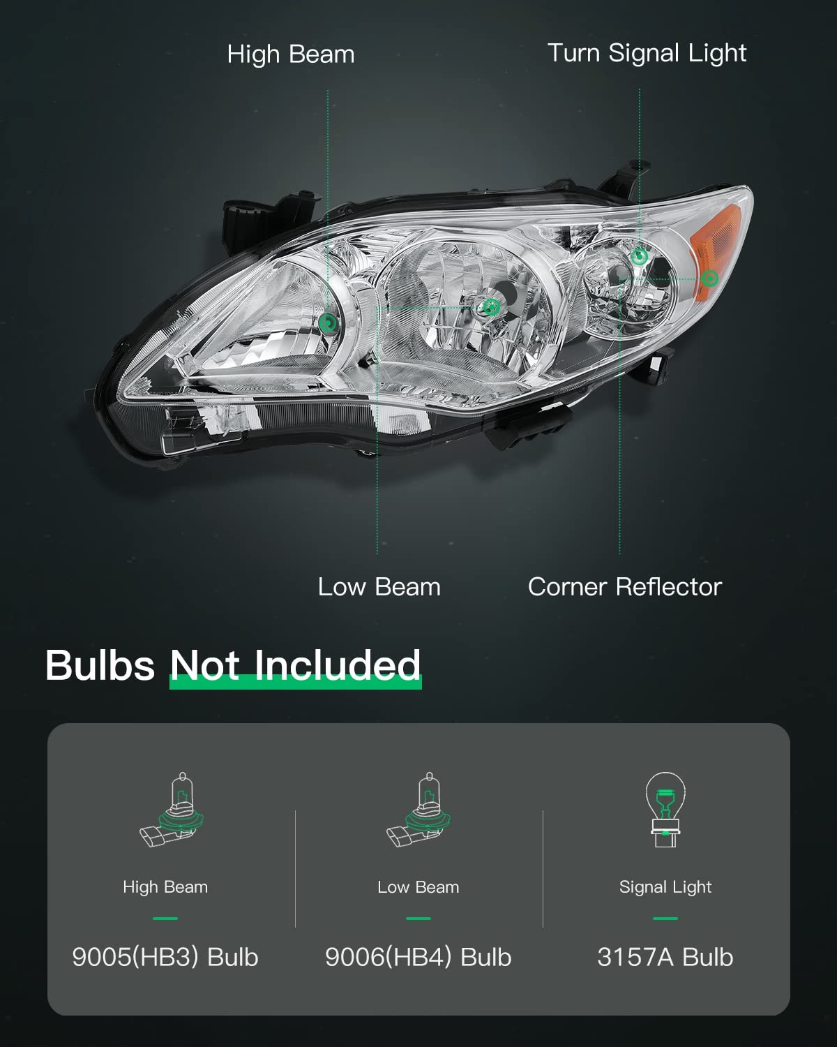 Headlight Assembly Replacement For Toyota Corolla Chrome Housing Amber Reflector