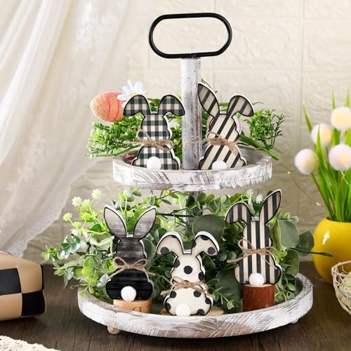 5 Pcs Easter Bunny Wooden Signs Buffalo Plaid Bunny Decor with Jute Rope