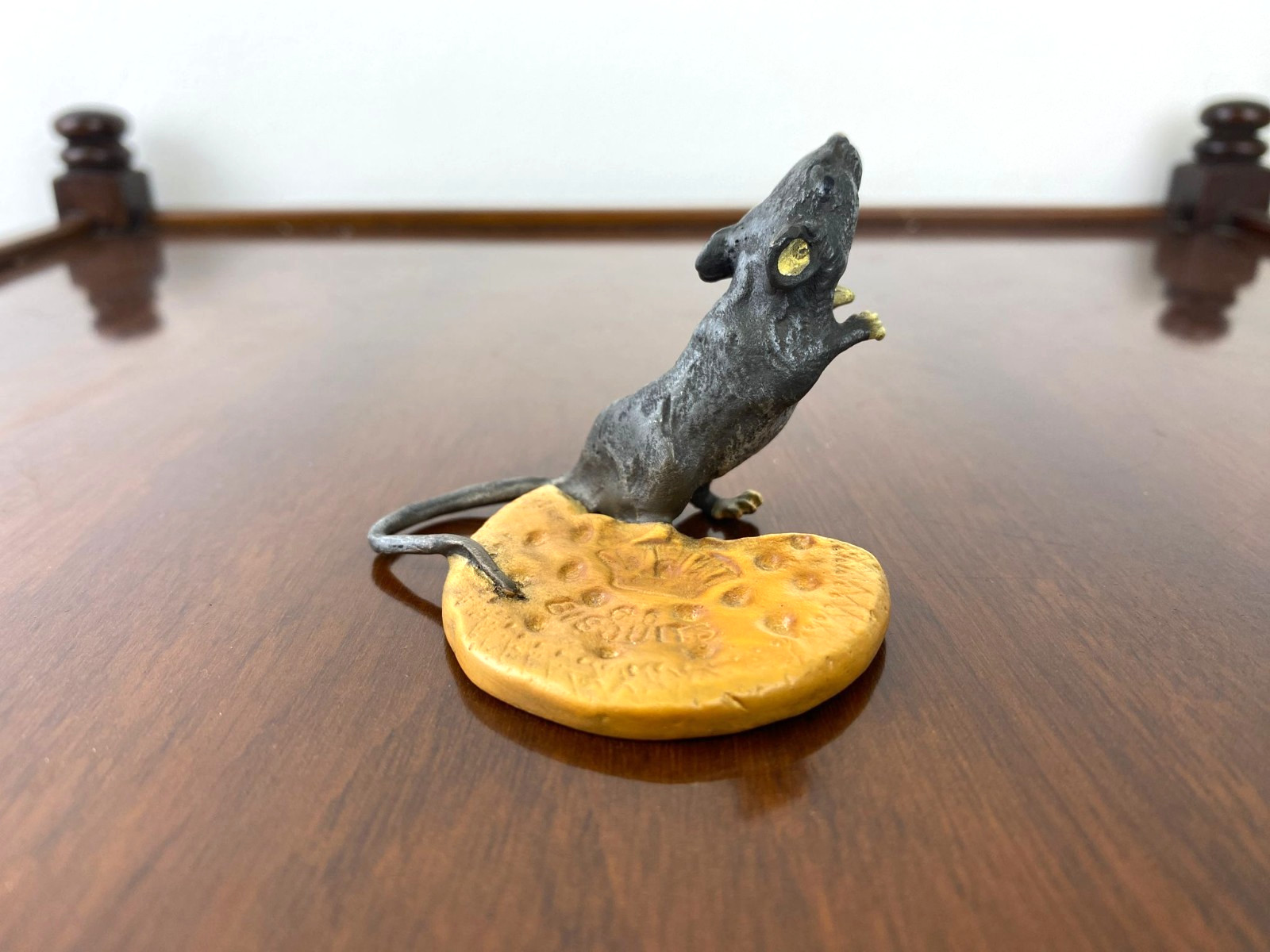 Colored Bronze Sculpture Mouse with Cookie Viennese Style After Franz Bergman