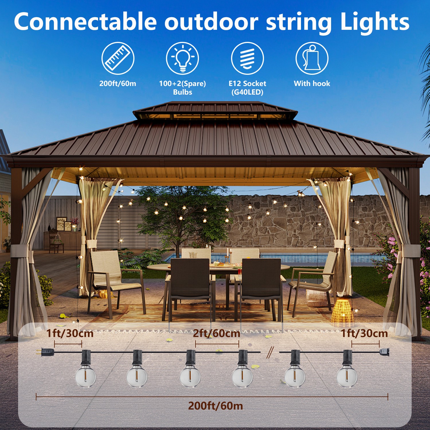 200FT Outdoor String Lights LED Patio Light Waterproof Shatterproof 102 G40 Bulb