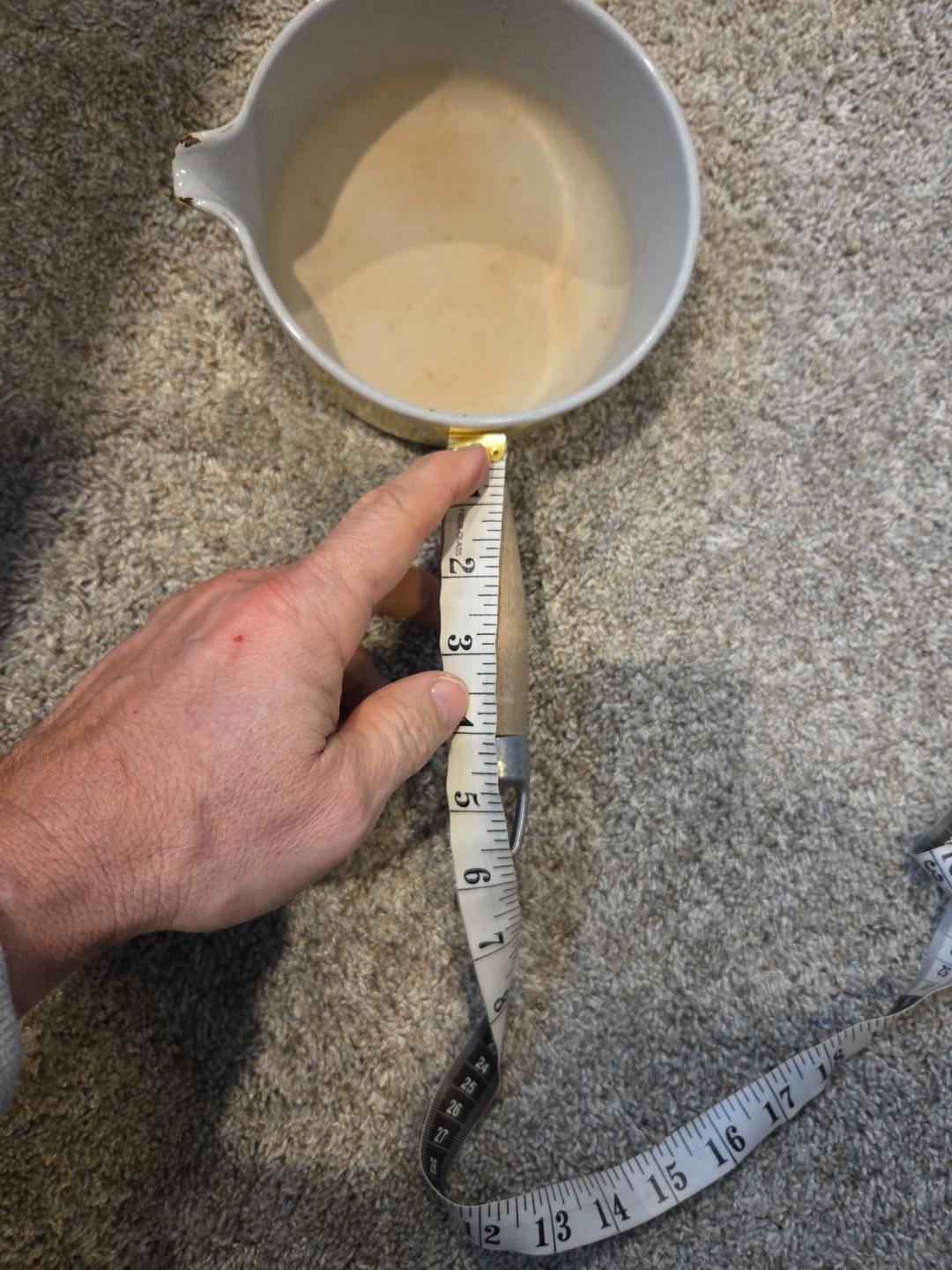 Vintage Enamelware Over Cast Iron Yellow Saucepan With Spout & Wooden Handle MCM