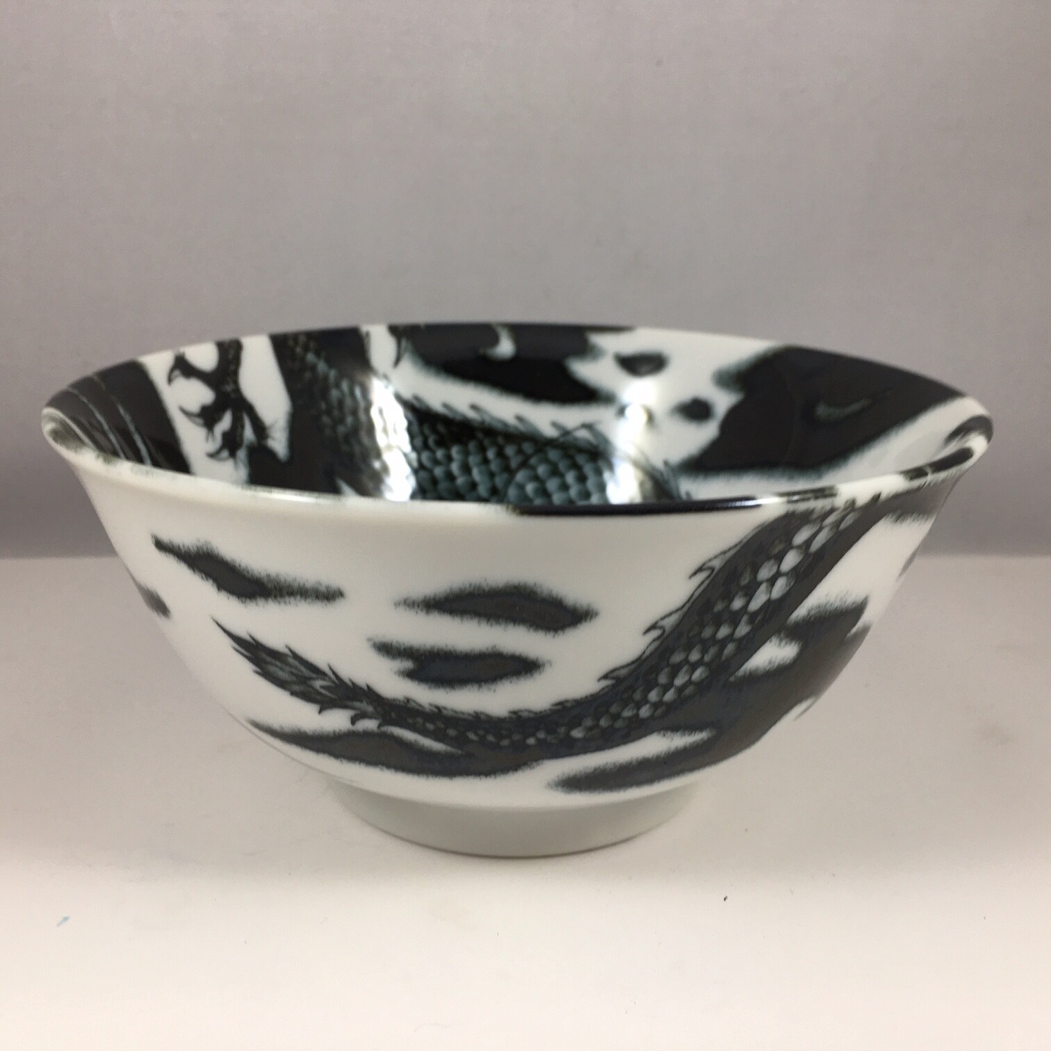 Japanese Rice Soup Noodle Bowl 6"D Porcelain Fortune Ryu Black Dragon JAPAN MADE