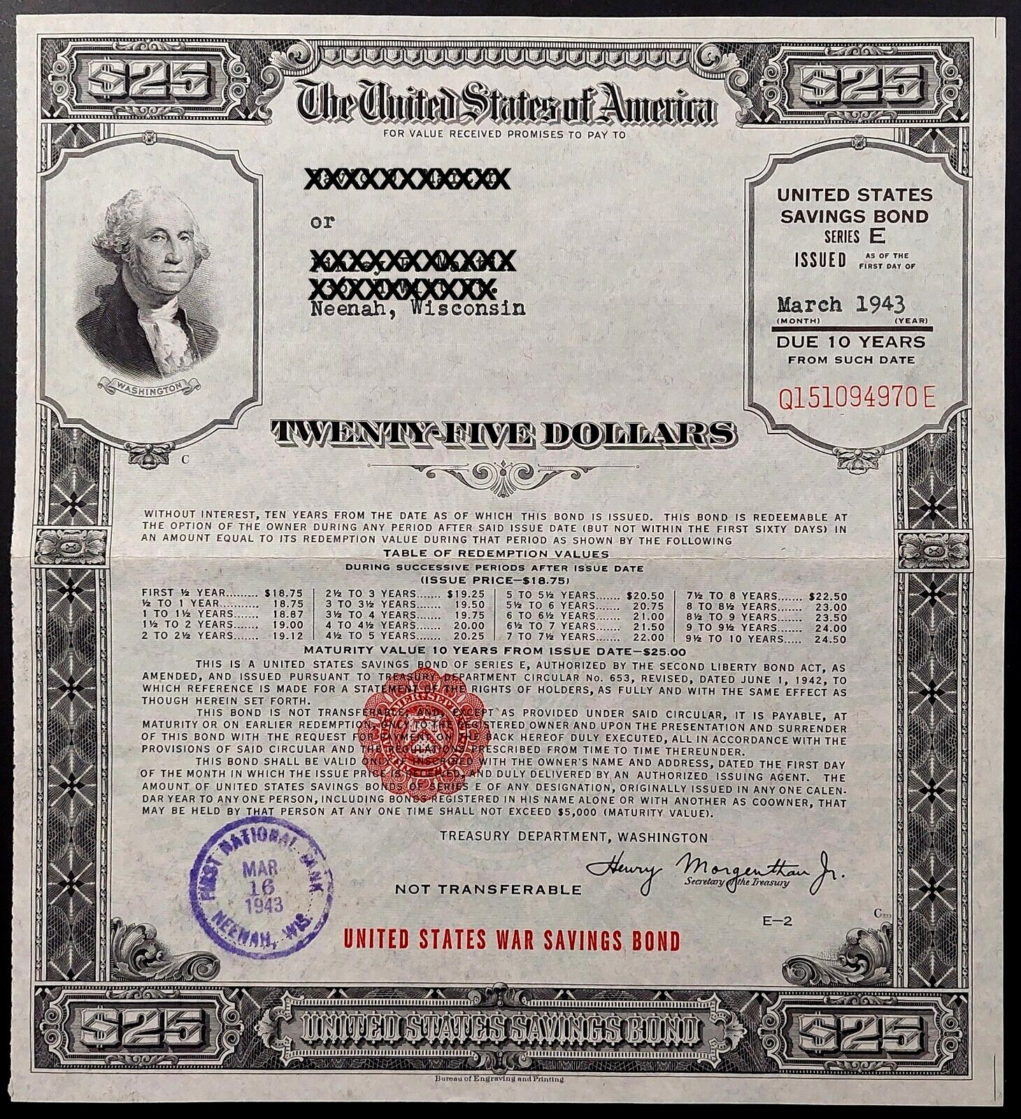 March 1943 Series E $25 United States War Savings Bond! Neenah, WI! Q151094970E