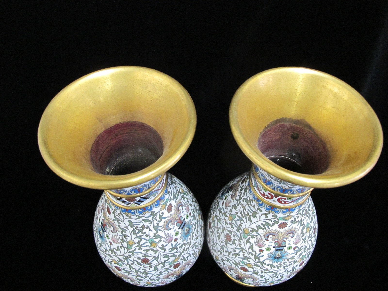Large CHINESE White Enamel CLOISONNE Colorful FLOWER Vase Pair
