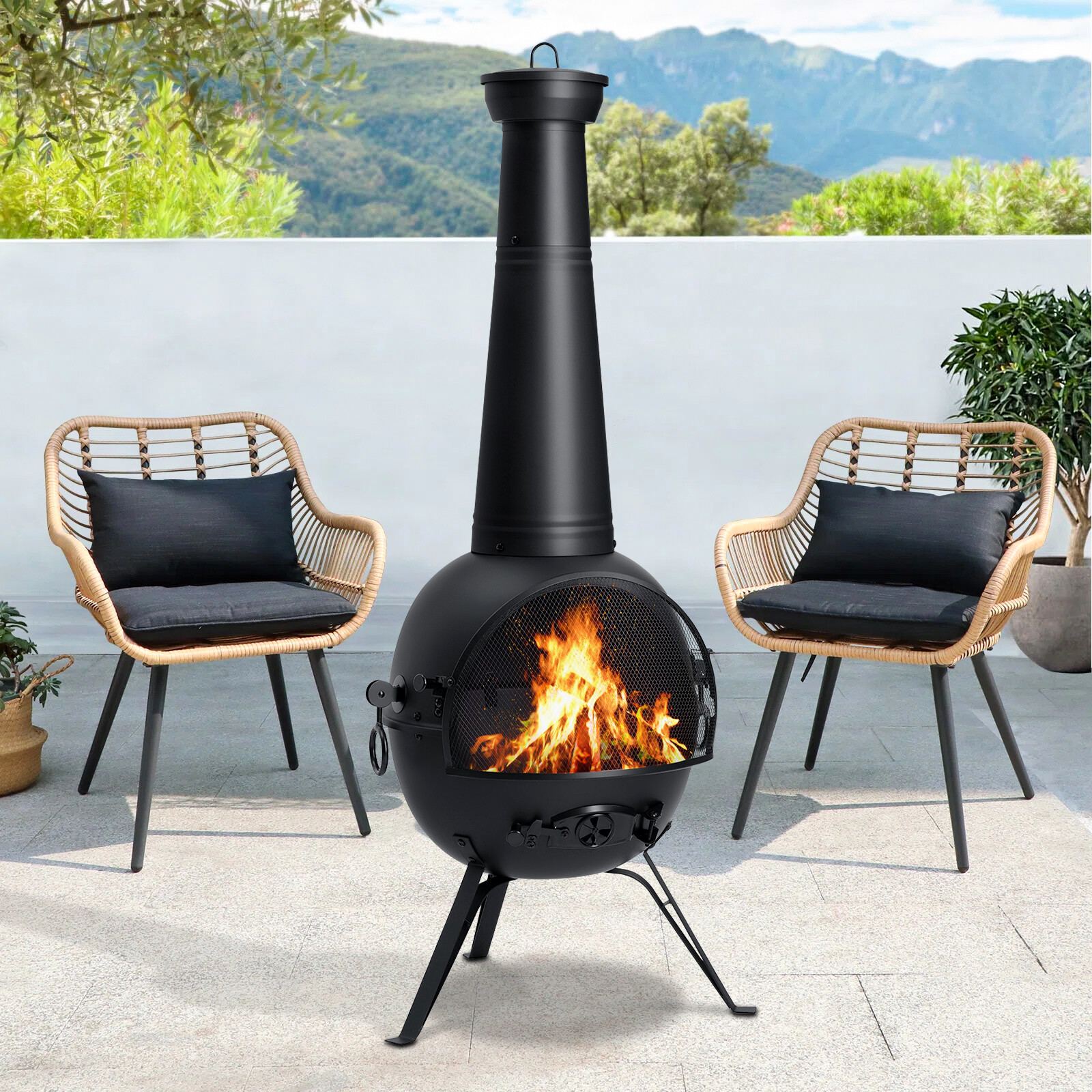 55in Outdoor Fireplace Patio Chiminea Fire Pit Wood Burning Heater Cast Iron Lid