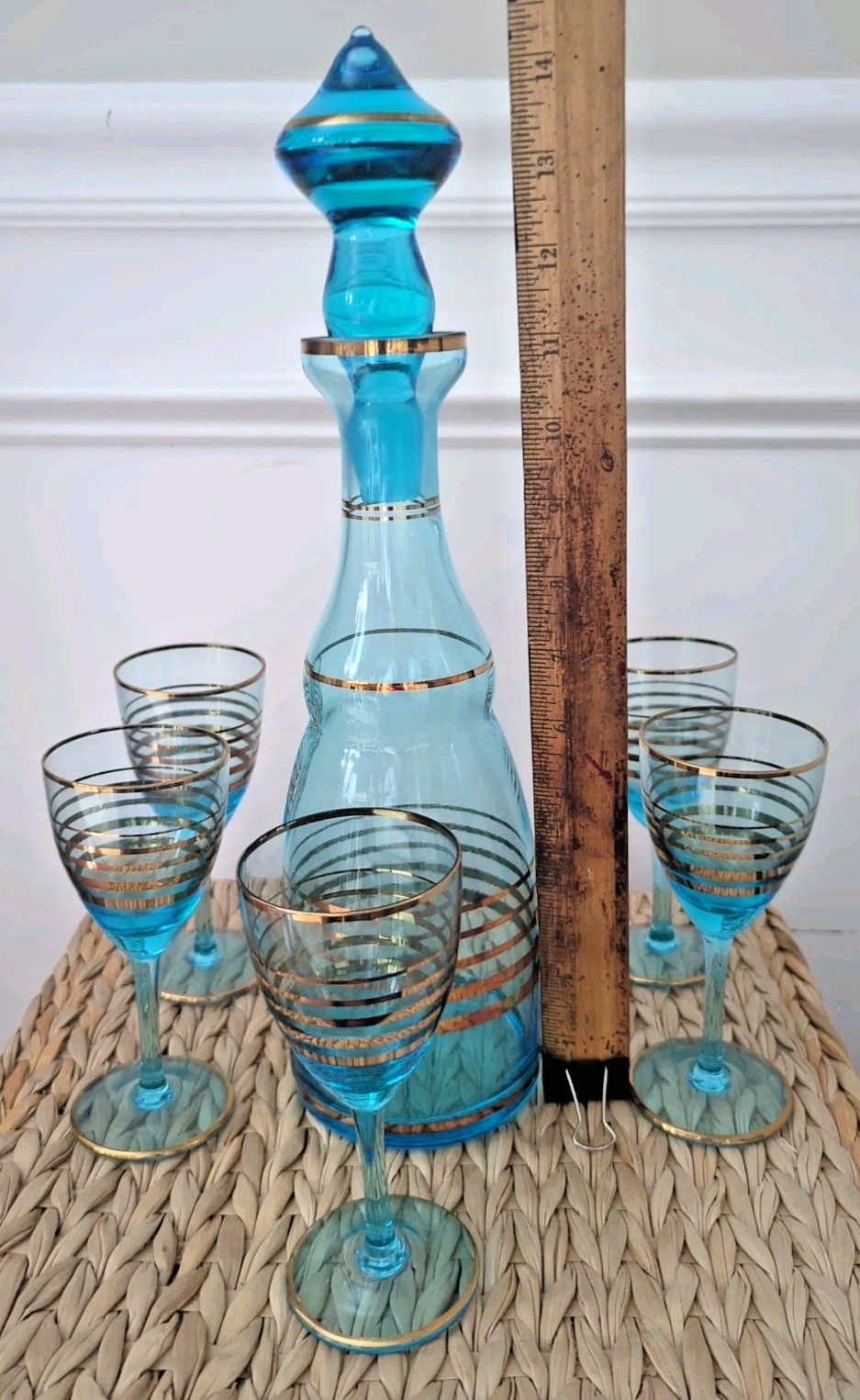 MCM Vintage Teal Blue & Gold Romanian Glass Decanter 4 Cordial Glasses 7 pc Set