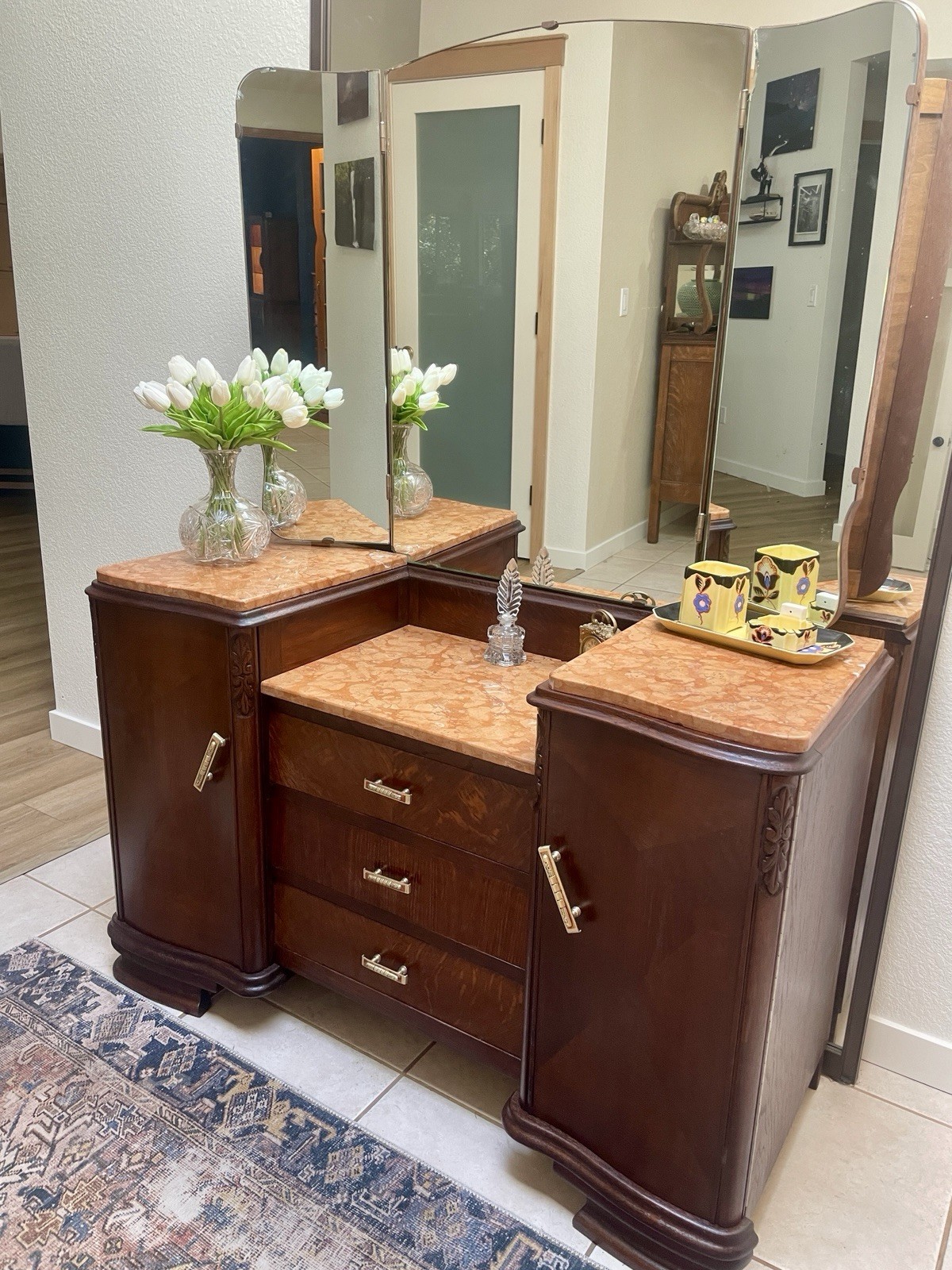 Marble Topped Art Deco Vanity, Dressing Table or Entry Console