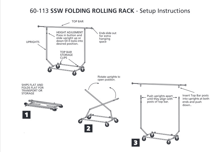 Rolling Clothing Rack Collapsible Folding Garmet Rolls EZ Fold Adjustable 65"