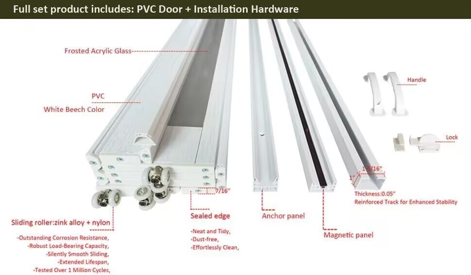 PVC Accordion Door with Frosted Acrylic Glass,Installation Hardware Included