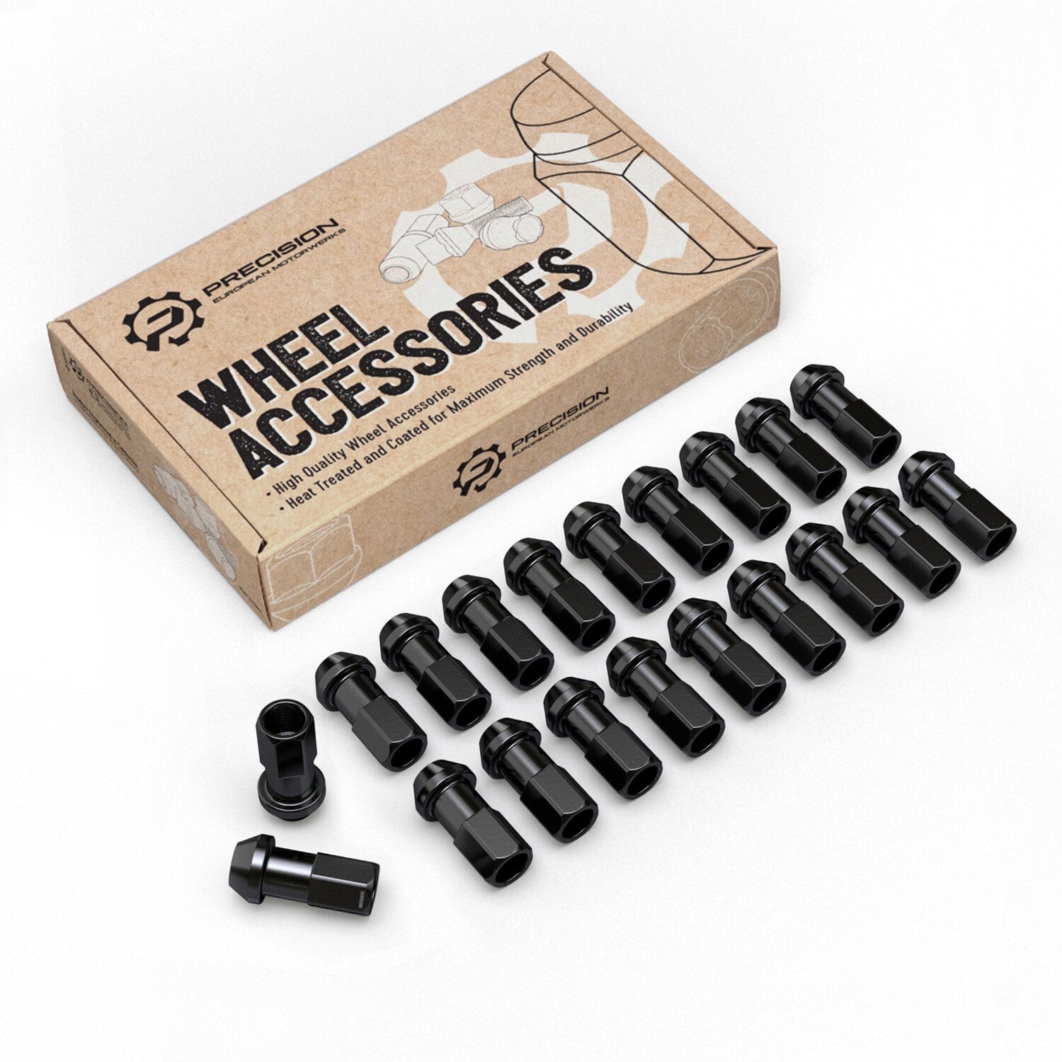 (20) 12x1.5 Black 45mm Extended Lug Nuts (1.8") Tuner Racing Cone Seat Open End