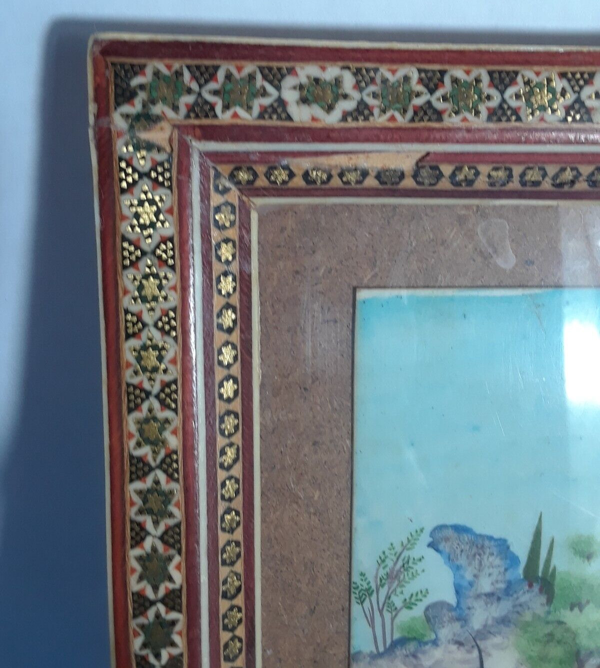 Chinese Scroll Warrior Horses Enamel and Wood Frame 19 3/8 x 5.5