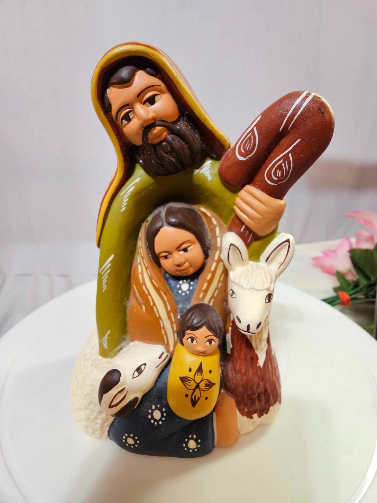 Peruvian Clay terracotta Pottery Family Nativity Scene Figurine w Lama Animal-G3