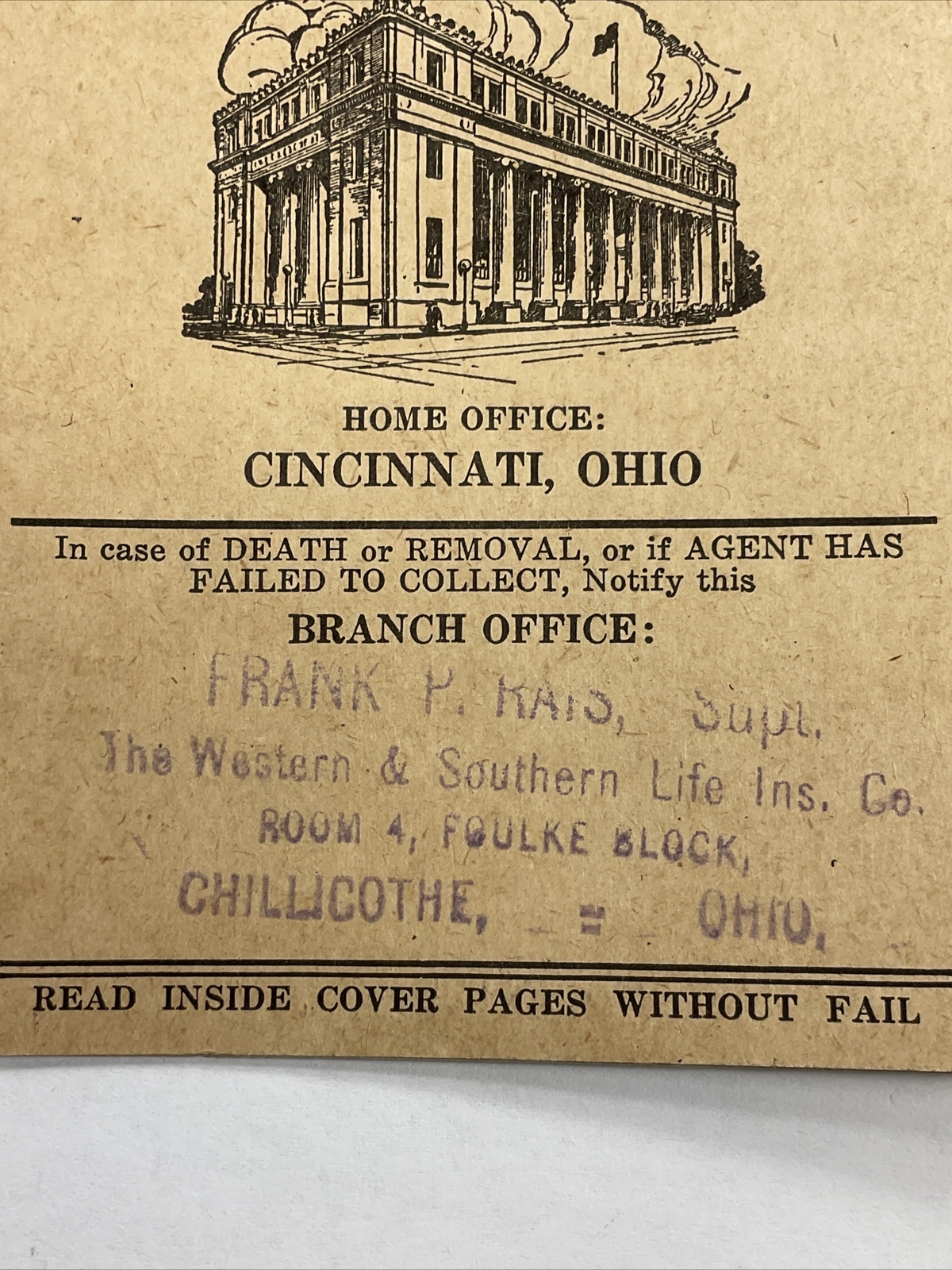 1921 Chillicothe, Ohio Frak Rays Western & Southern Insurance Receipt Book