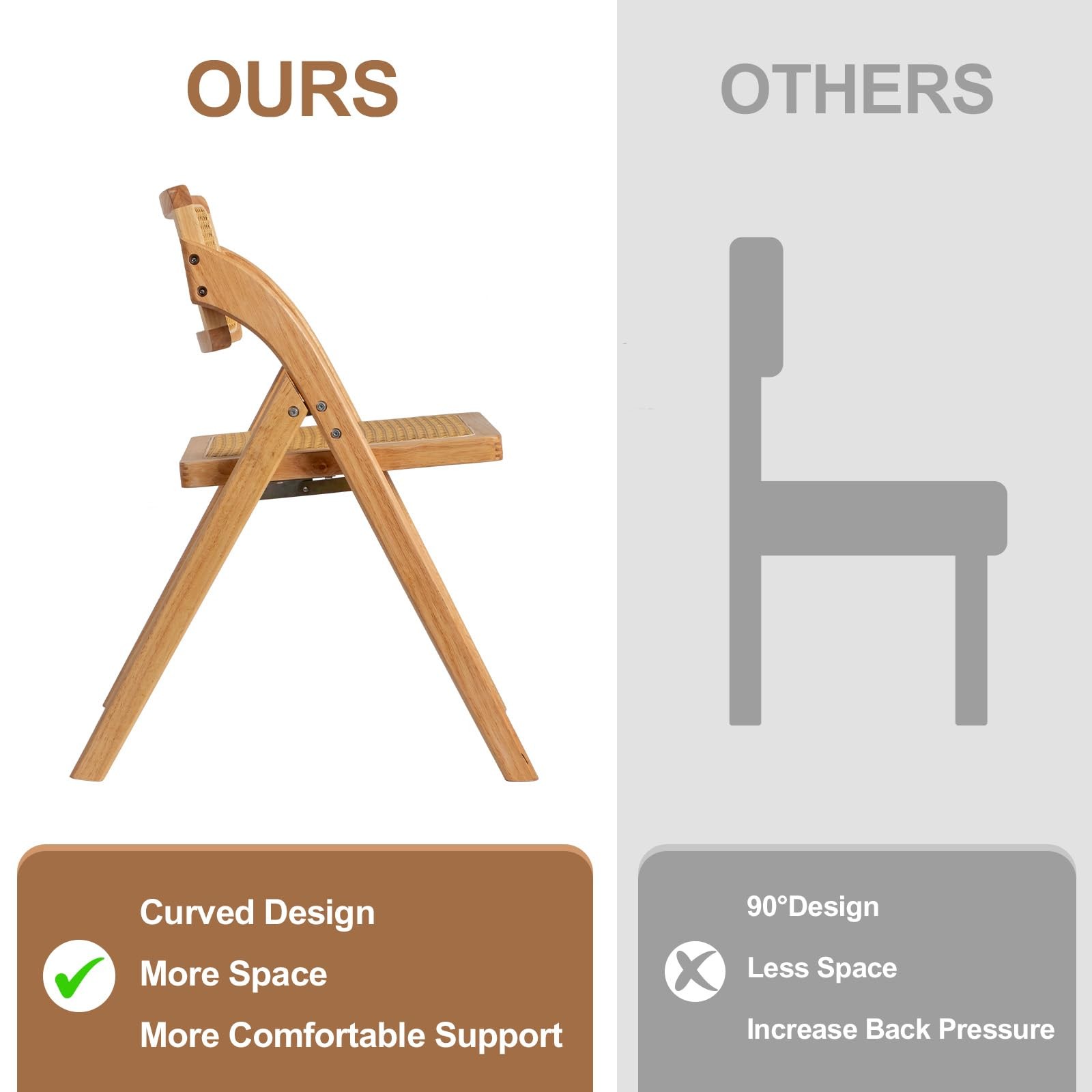 Wooden Rattan Folding Chairs 2 Pack, Portable Folding Chairs for Indoor