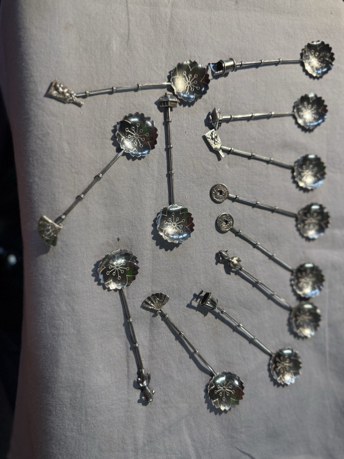 Sterling Silver 950 Demitasse Spoons Figural Motifs Japan Set of 12. Vintage