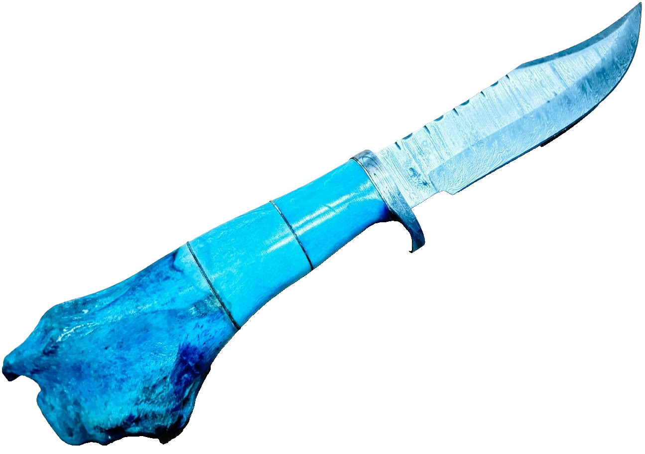 Blue Stag Bone Handle Damascus Fixed Blade Knife, Custom Made
