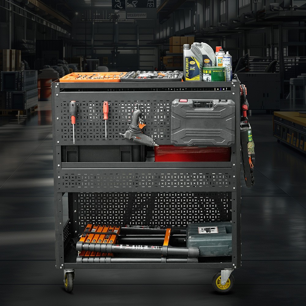 3-Tier Rolling Tool Cart with 4 Trays Mechanic Cart on Wheels 500-Lb Capacity