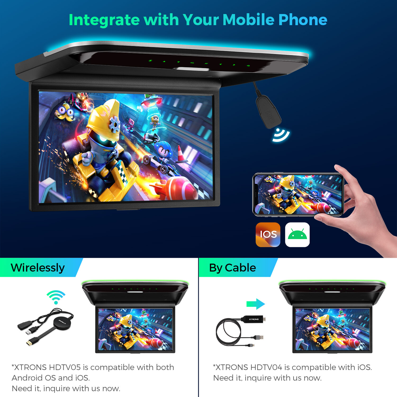 14" HD Screen Car TV Roof Flip Down Monitor 1080P Speakers HDMI AV-IN IR/FM