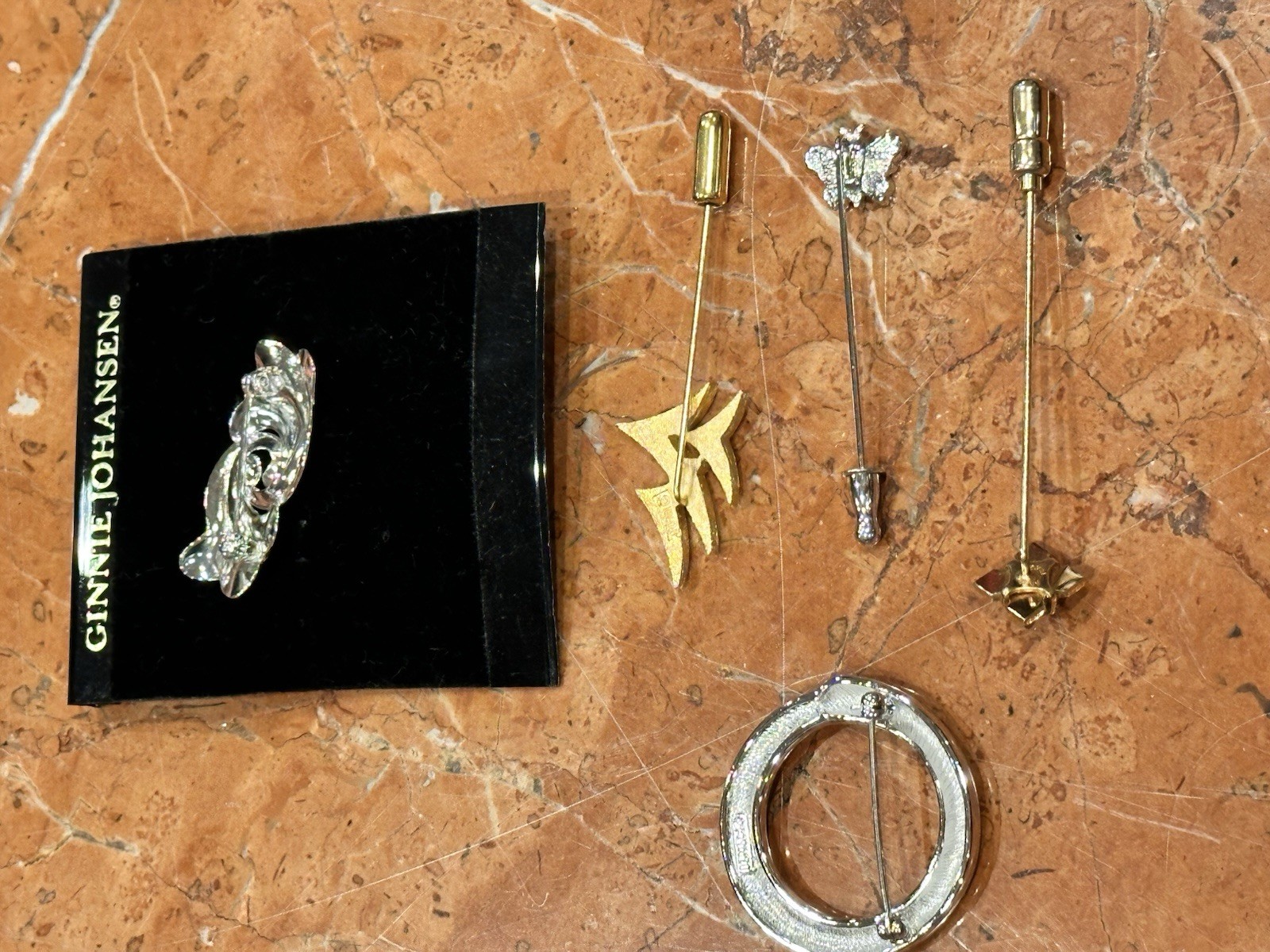 TRIFARI BIRD MONET BUTTERFLY G JOHANSEN ANSON JADE 12K GF STICK PIN BROOCH LOT 5