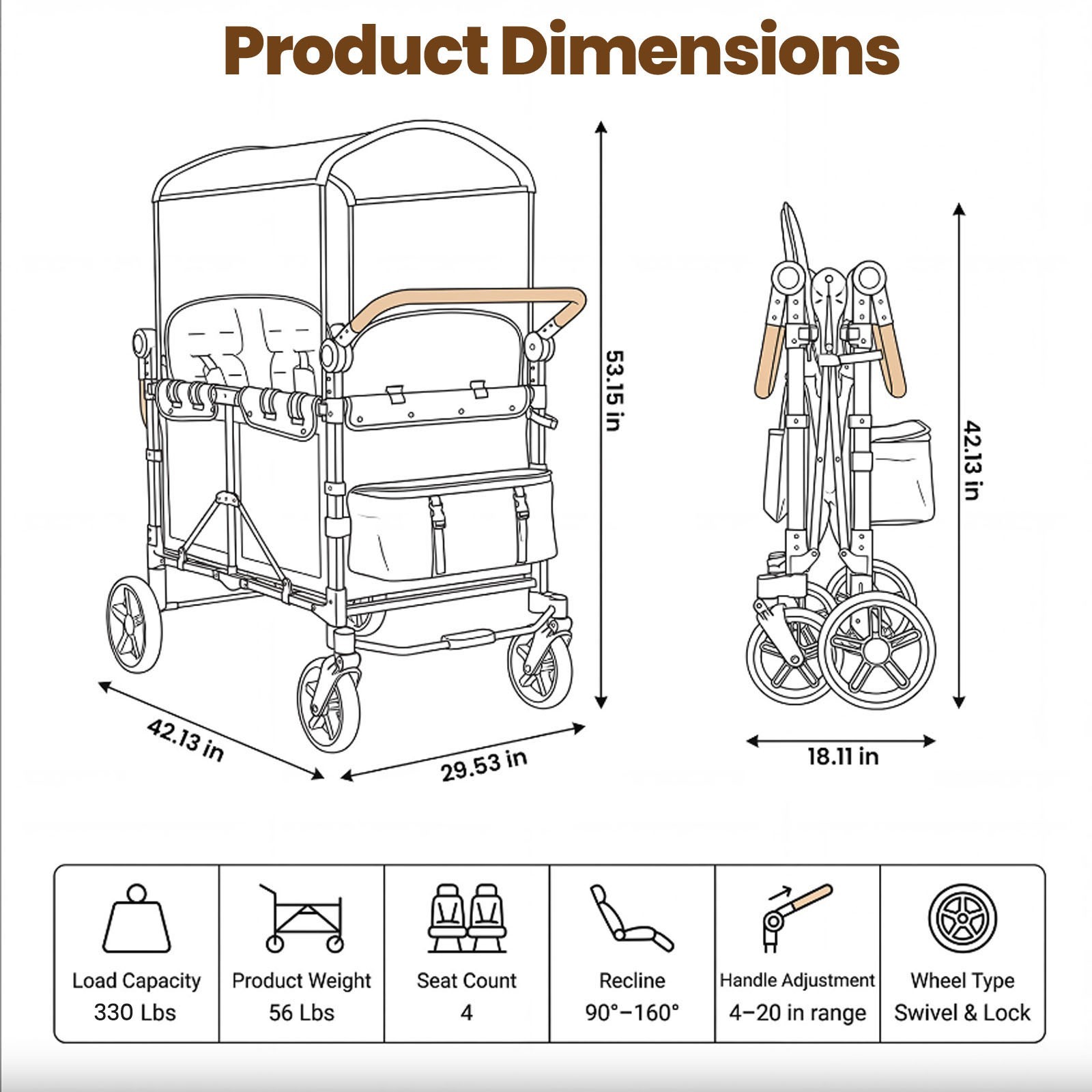Wagon Stroller w/ Canopy 4 seater Push Pull Quad Collapsible Stroller 330LBS