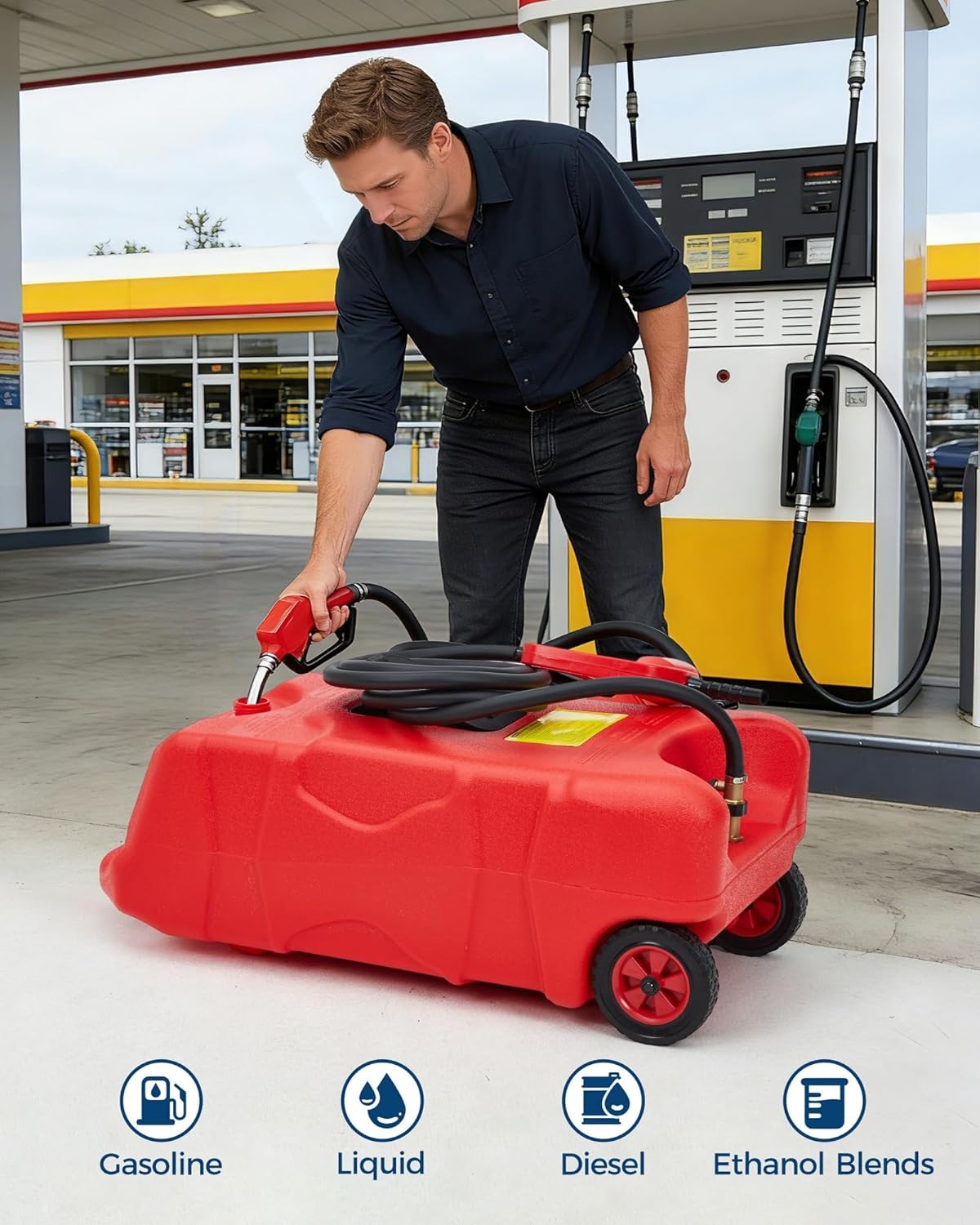 Upgraded Fuel Transfer System: 16 Gal Gas Caddy with Manual Pump for ATV, Boat