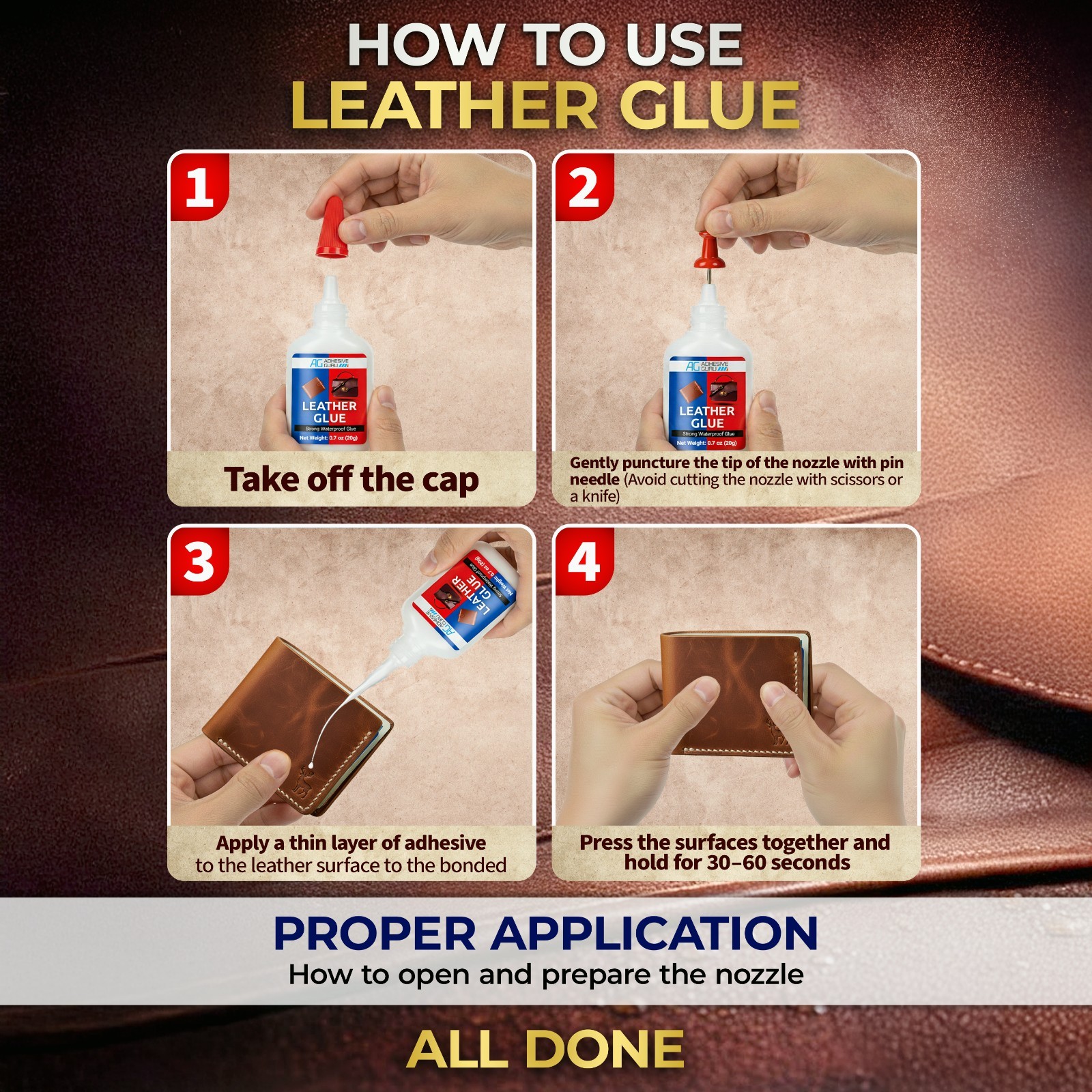 Adhesive Guru Leather Glue 150x0.7 oz Super Glue for Purses, Sofas and Furniture