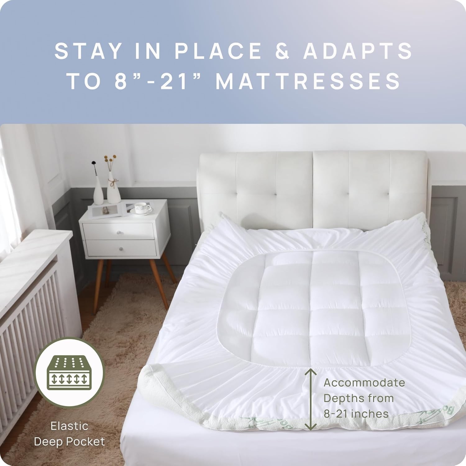 Cooling Bamboo Mattress Topper for Back Pain Relief,8-20"Deep Pocket for Bedroom