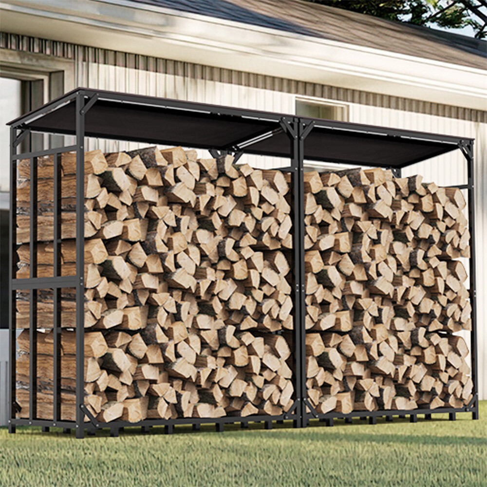 In/Outdoor Firewood Rack with Cover Firewood Storage Log Holder Heavy Duty Steel