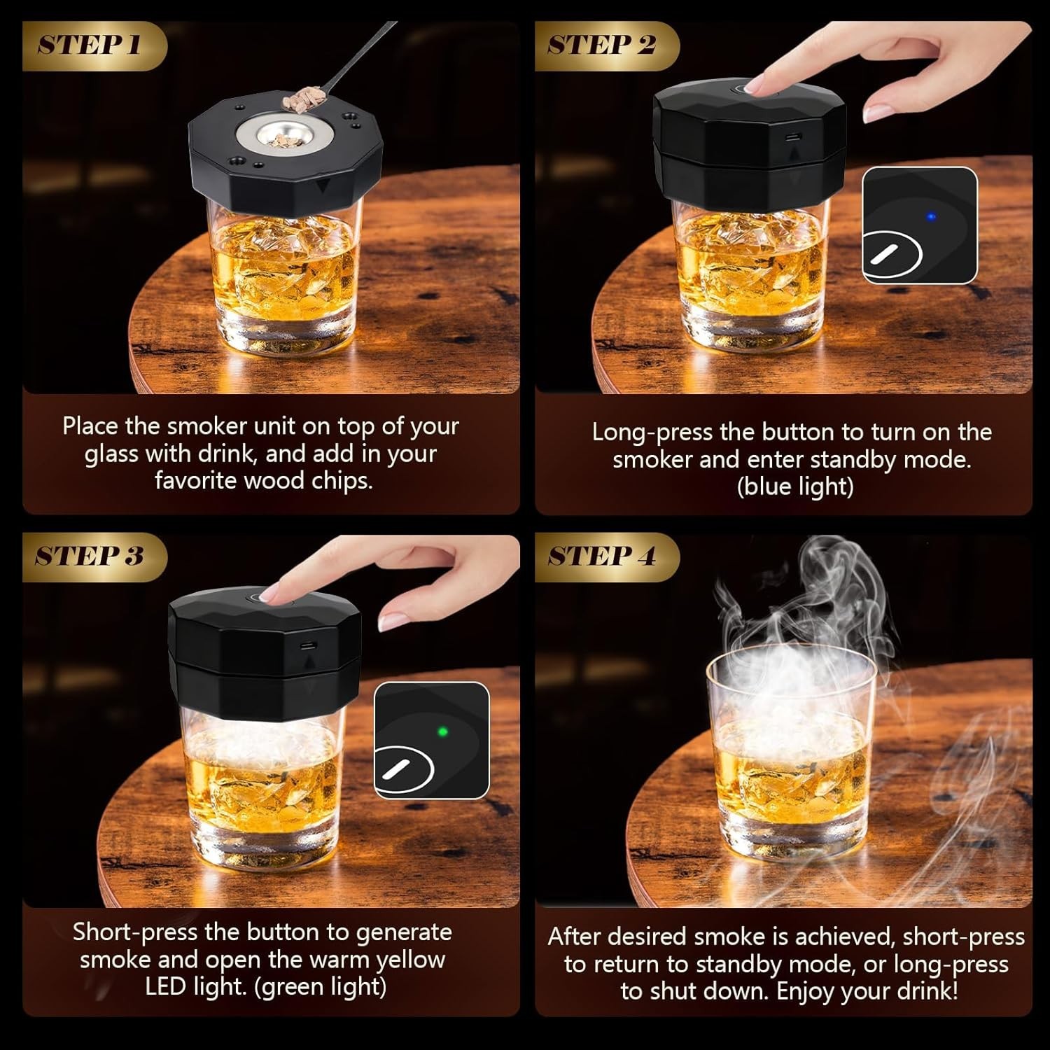 Electric Whiskey Smoker Kit with 6 Flavors Wood Chips & LED Light,