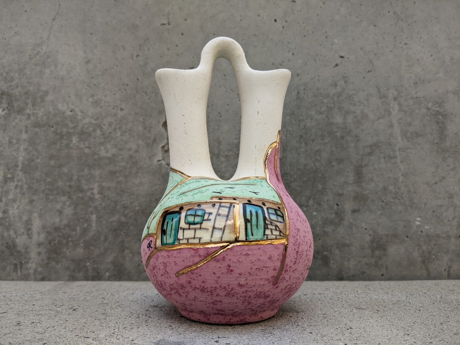 Native American Ceramic Wedding Vase 7“ - Signed by B J Gore San Jon, New Mexico