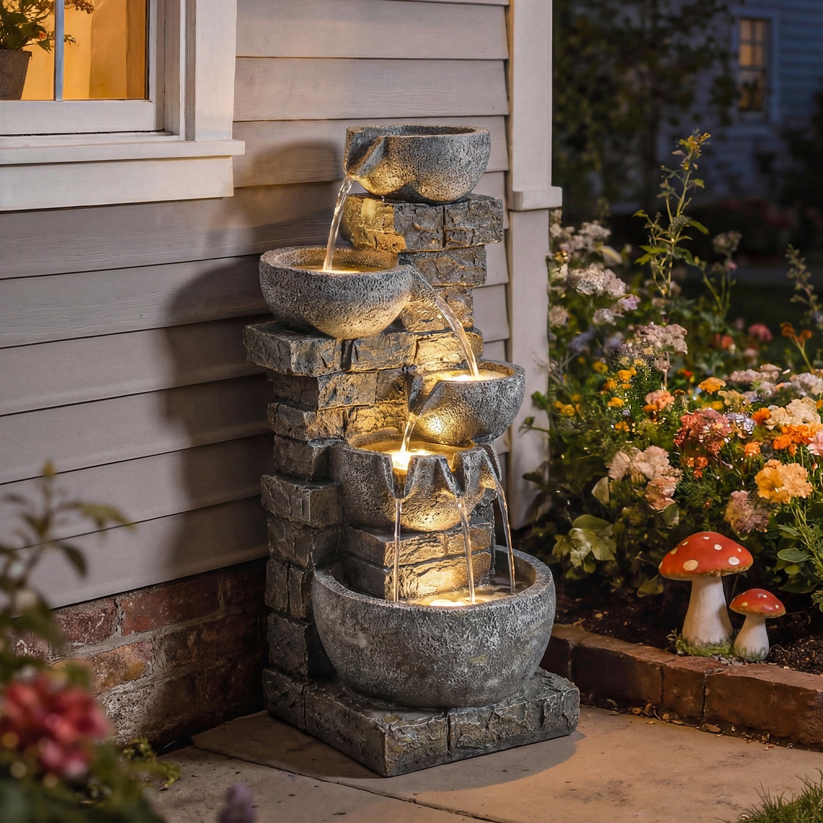 Outsunny 5 Tiers Outdoor Water Fountain with LED Lights, Gray