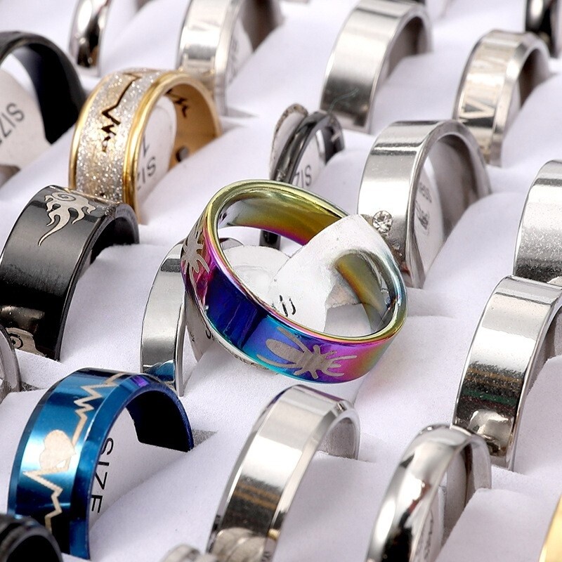 100PCS Stainless Steel Rings Bulk Lot Men's Fashion Jewelry Ring Wholesale Mixed
