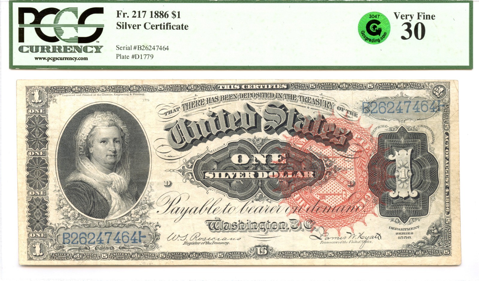 1886 $1 Silver Certificate Fr#217 PCGS VF-30 GCC Green *Martha*