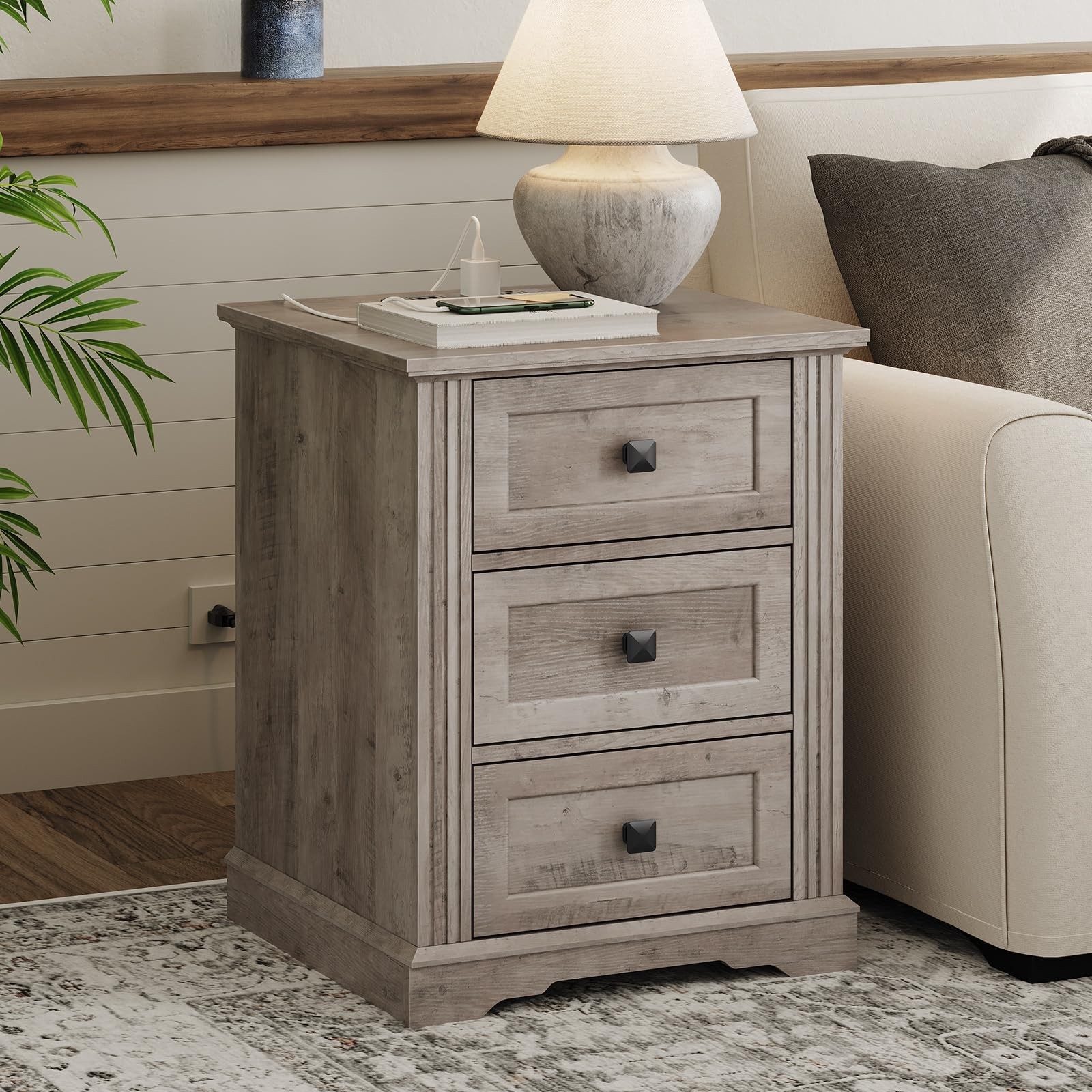 Nightstand with 3 Drawers, 18 Inch Wide End Table with Charging Station, Farm...