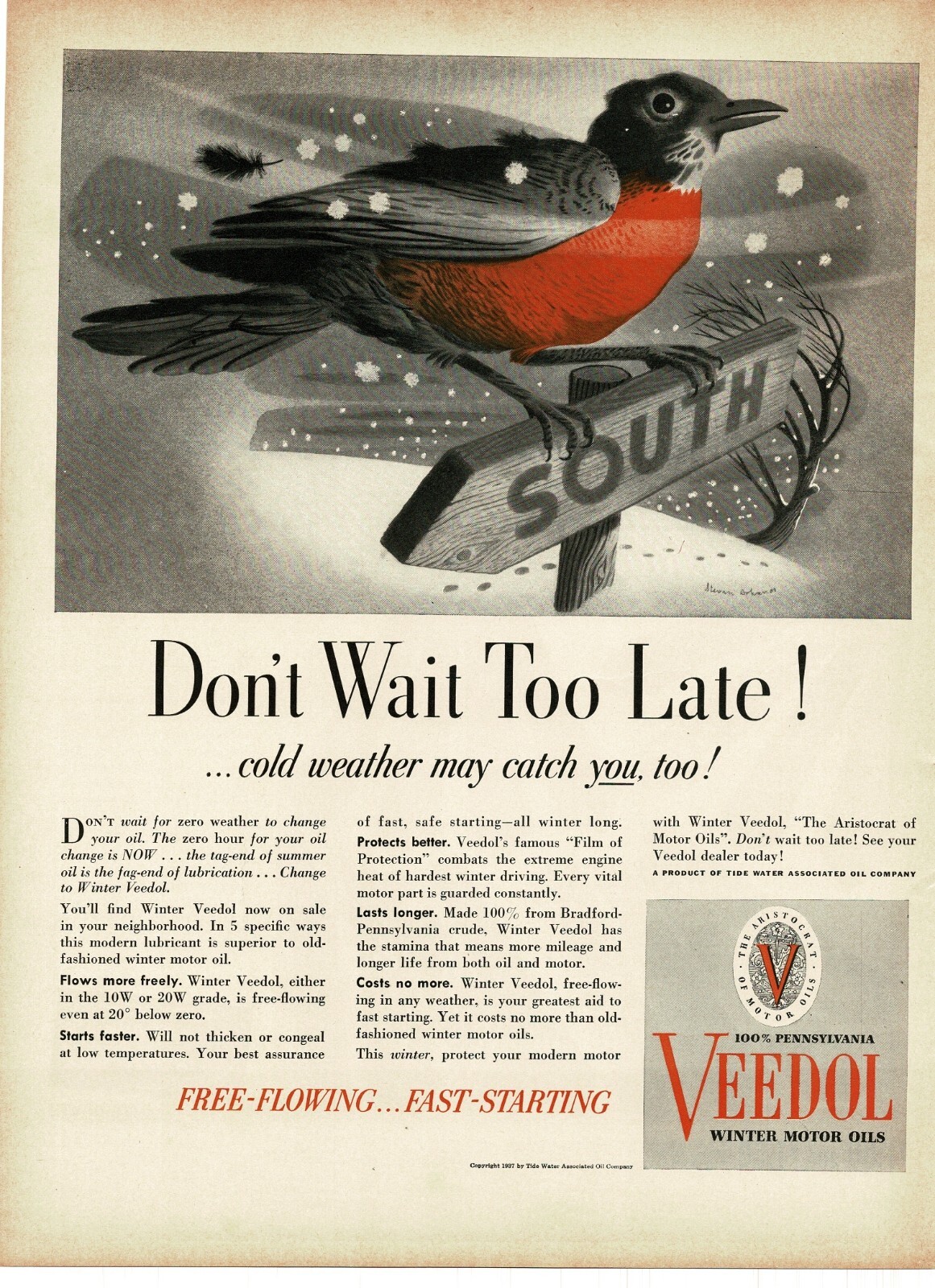 1937 Veedol Motor Oil Robin in snowstorm Vintage Print Ad