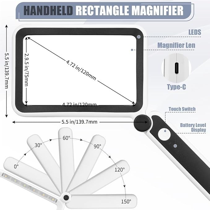 5X Magnifying Glass W/Light Rechargeable LED Handheld Reading Low Vision Seniors
