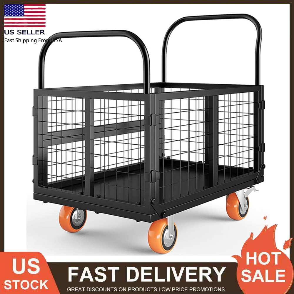 Platform Truck Cart with Cage 6 in 1 Heavy Duty Push Cart Dolly 1800LBS Capacity