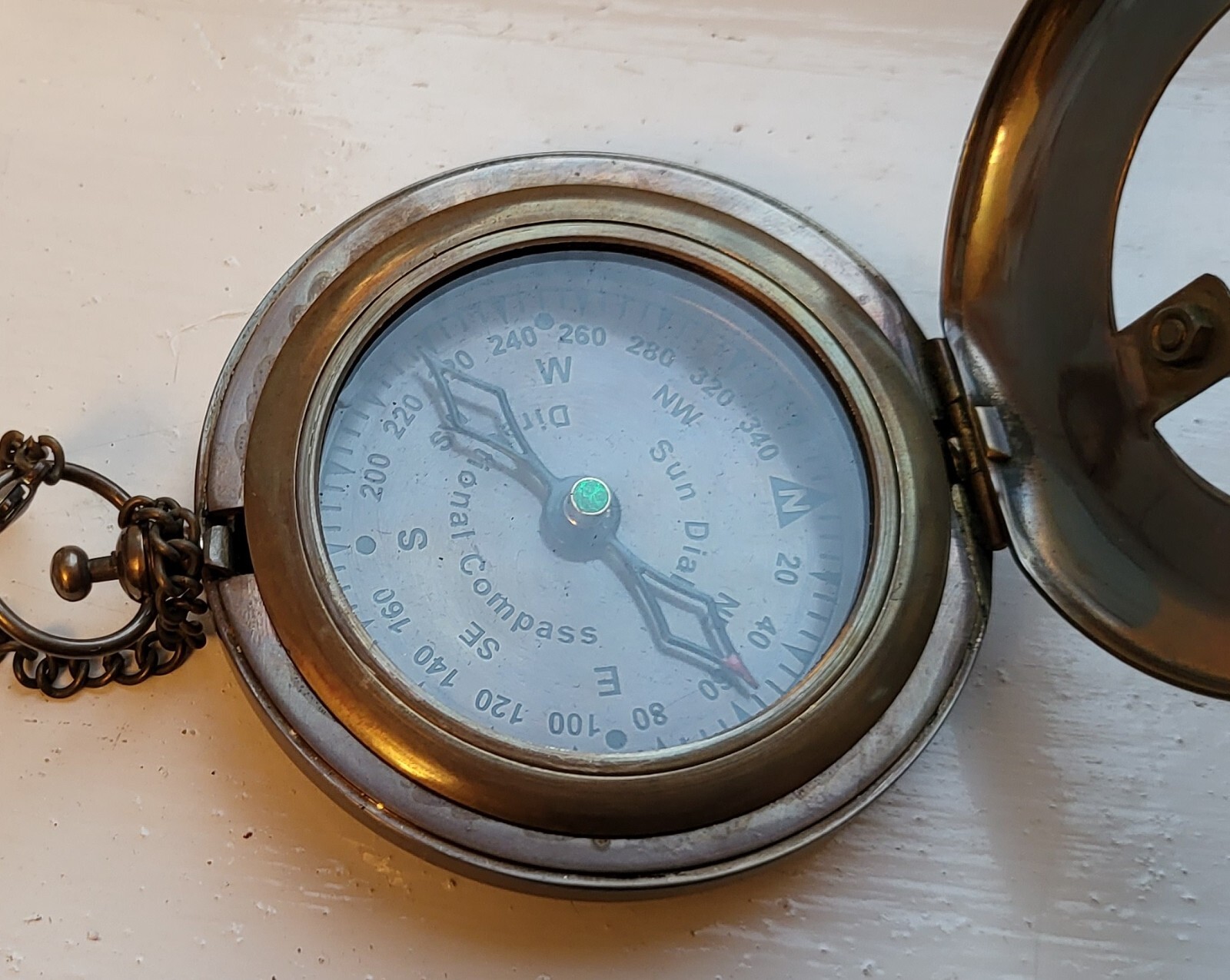 Sun Dial Pocket Watch Brass Compass Chain Antique Old Gold Lustre Wooden Box UK