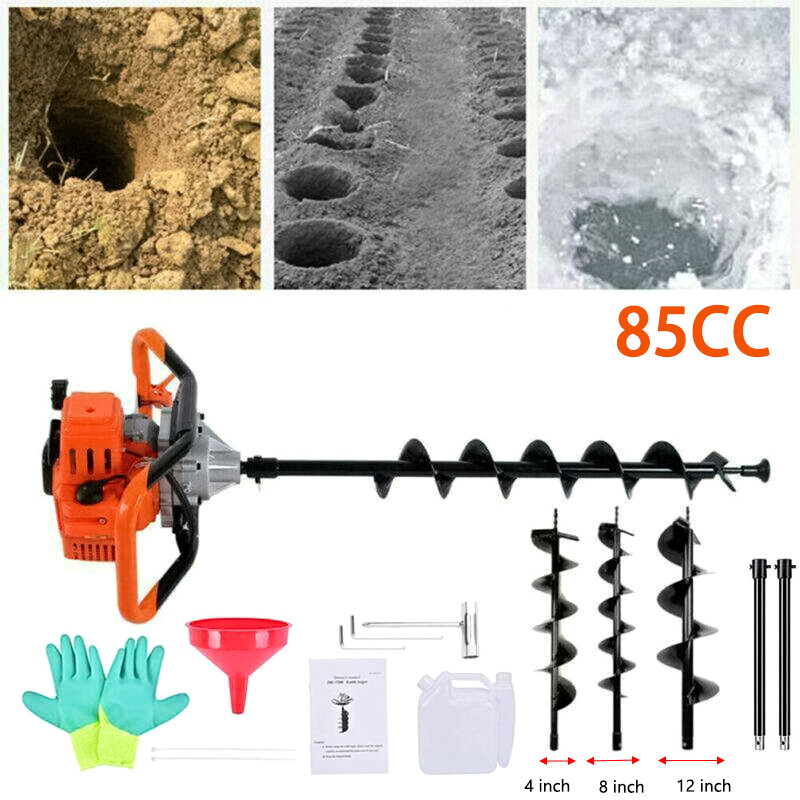85CC Gas Post Hole Digger Kit with 3 Augers and 2 Extensions