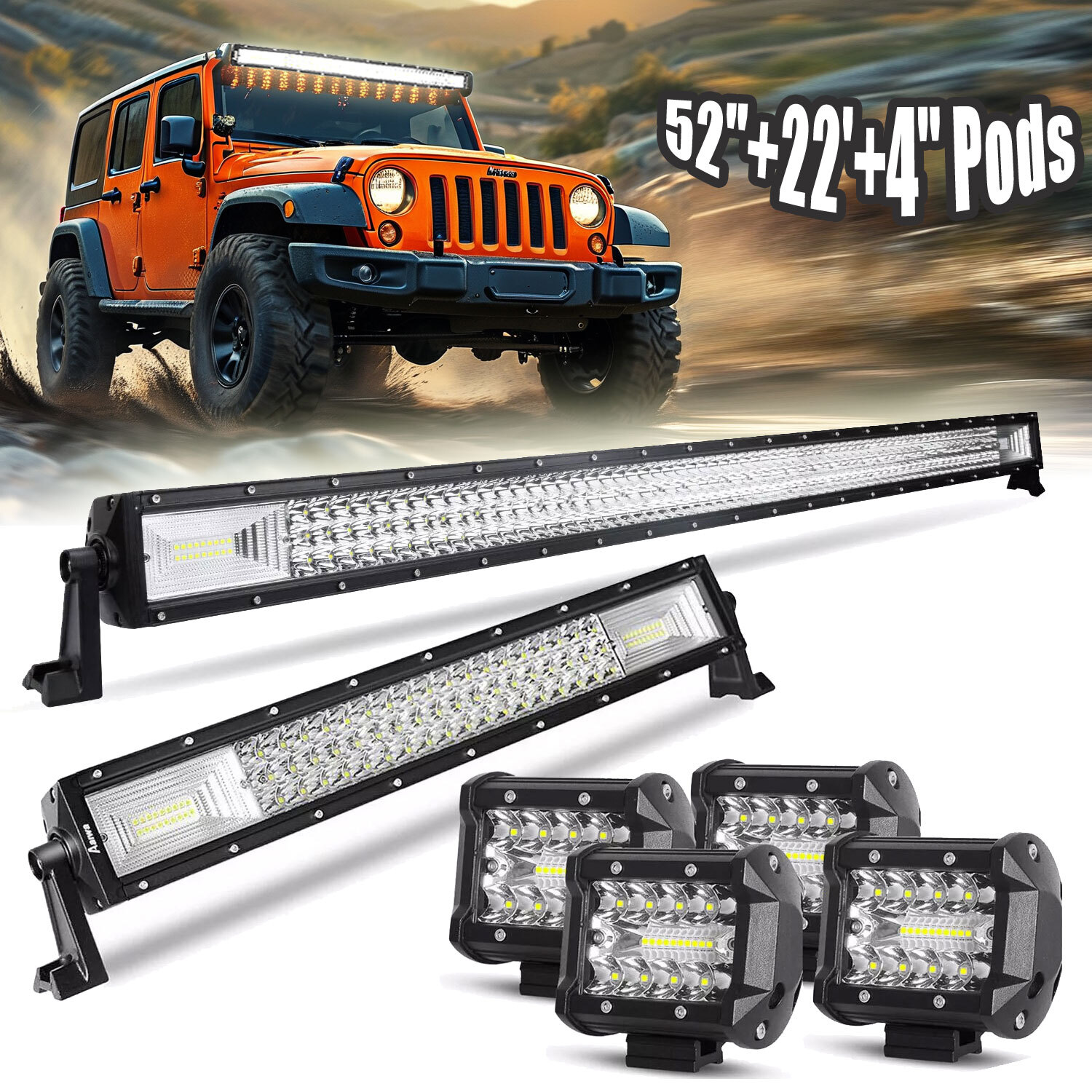52'' LED Light Bar + 22'' + 4" Pods Combo Kit for Jeep Wrangler JK TJ JT Patriot