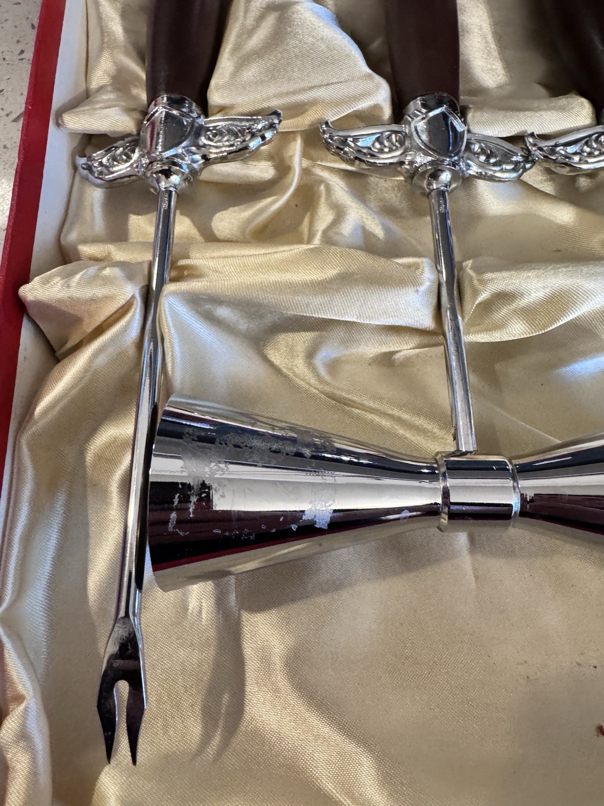 Vntg PAC Knight Bar Set – Sword Handle Bar Tools + Jigger – Original Box