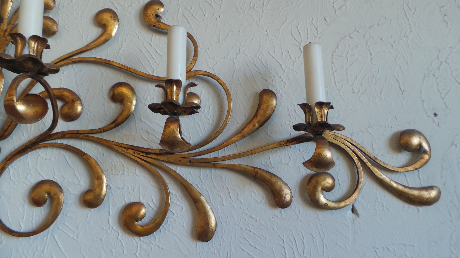 ANTIQUE ORIGINAL GILDED GOLD & METAL WALL SCONCE CANDLE HOLDERS