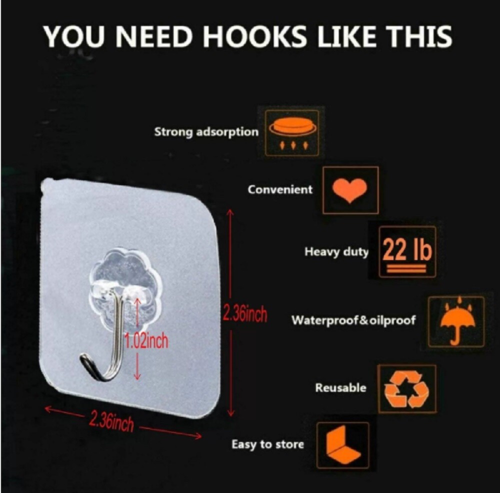 24 Pcs Adhesive Sticky Hooks Heavy Duty Wall Hooks Hangers Seamless Transparent